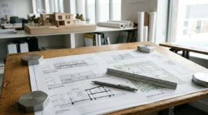 Architectural floor plans with a scale ruler and drafting pen on a drafting table in a professional architecture studio