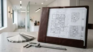 Leather portfolio displaying dental clinic floor plans on a countertop with material samples and a digital caliper inside a modern dental office