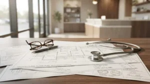 Architectural floor plans with a stethoscope and eyeglasses on a desk inside a modern veterinary clinic reception area