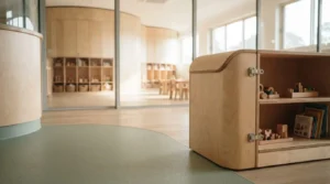 Modern childcare facility interior with wooden storage cabinet, educational toys, and a bright early learning classroom