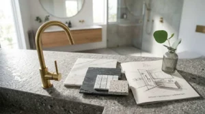 Modern bathroom renovation design featuring a brushed gold faucet, natural stone and tile samples, bathroom design sketch, and luxury interior inspiration