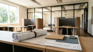 School renovation project featuring classroom floor plans, architectural blueprints, material samples, and a modern collaborative learning space with glass partitions