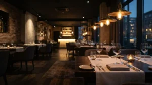 Elegant fine dining restaurant interior with warm pendant lighting, candlelit tables, and modern décor creating a cozy evening ambiance