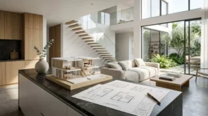 Modern luxury duplex interior with open-plan living space, architectural model, and floor plans showcasing contemporary home design and residential architecture