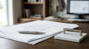 Architectural blueprints with a metal fountain pen and marble paperweight on a wooden office desk