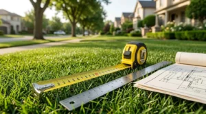 Measuring tape, construction plans, and a ruler on a suburban residential lot represent land measurement, site planning, and home construction preparation