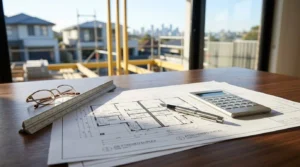 Architectural floor plans with ruler, calculator, pen, and glasses on a wooden table overlooking a duplex construction site and city skyline