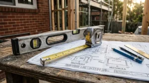 Construction tools, including a spirit level, tape measure, and architectural plans, on a workbench at a building site under renovation