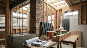 Building renovation with exposed timber framing, reinforced brickwork, construction materials, and rolled architectural plans inside an active construction site