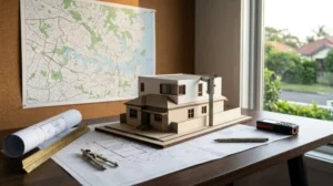 Architectural house model on building plans with measuring tools and a local area map displayed in a home design office