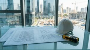 Construction blueprints, a safety hard hat, and a laser distance meter displayed in a project office overlooking an active building site for permit planning and construction management.