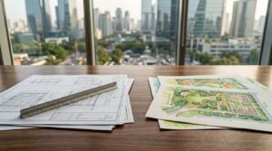 Architectural blueprints, a metal ruler, and landscape design drawings displayed on a conference table with a modern city skyline in the background, representing project planning and site development.