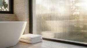 Modern bathroom featuring a freestanding bathtub beside a fluted glass privacy window, allowing natural light while maintaining privacy.