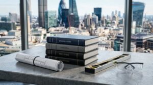 Building code books, rolled architectural plans, a spirit level, and safety glasses on a table overlooking a city skyline, representing construction regulations and project compliance.