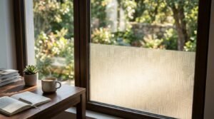 Window privacy film applied to the lower portion of a large window, providing privacy while allowing natural light and outdoor views into a home workspace.