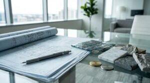 Architectural blueprints, material samples, stone finishes, and design hardware on a conference table, representing luxury home renovation planning and premium material selection.