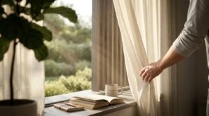 Person adjusting sheer window curtains to balance natural light, privacy, and outdoor views in a modern living space.