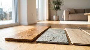 Hardwood, stone, and laminate flooring samples displayed in a modern living room to compare materials for residential floor renovation and interior remodeling.