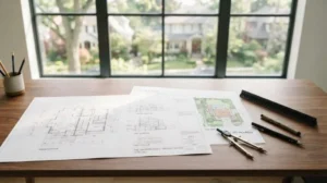 Architectural blueprints, site plan, and drafting tools on a desk overlooking a residential neighborhood