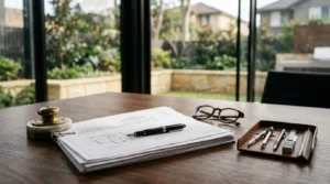 Architectural plans with drafting tools, pen, and eyeglasses on a modern workspace overlooking a landscaped backyard