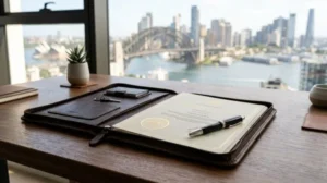 Property settlement documents and keys on office desk with Sydney Harbour Bridge view during real estate closing