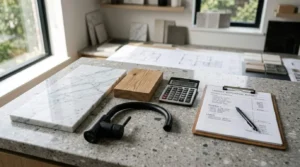 Laundry room renovation budget planning with countertop samples, wood finish, black faucet, calculator, and cost estimate sheet