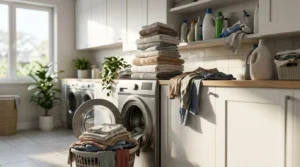 Cluttered laundry room with overflowing folded towels, open front-load washing machine, cleaning supplies on shelves, and clothes piled on countertops, illustrating common laundry organization mistakes