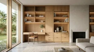 Custom built-in wood cabinetry with integrated home office desk, open shelving, and modern storage in a contemporary living room