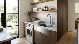 Modern laundry room with farmhouse sink, marble countertop, floating wood shelves, custom dark wood cabinetry, and integrated front-load washing machine for a functional laundry design