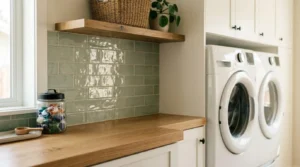 Modern laundry room with glossy green subway tile backsplash, timber benchtop, white cabinets, and front-loading washer and dryer