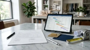Laundry room renovation planning with renovation agreement, project schedule, measuring tape, material samples, and design documents