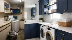 Before and after laundry room renovation showing an outdated utility room transformed into a modern laundry space with navy blue custom cabinetry, white quartz countertops, and front-load washer and dryer
