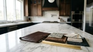 Kitchen countertop with design material samples, tile swatches, color cards, a notebook, and a ruler in a modern kitchen, representing kitchen renovation planning and material selection.