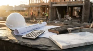 Residential construction site with hard hat, duplex blueprints, calculator, and building materials representing home construction, cost estimation, and project planning
