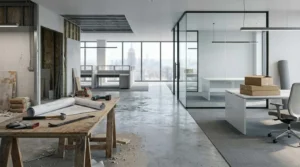 Commercial office renovation with construction workspace, architectural plans, and completed modern office fit-out featuring glass partitions and open-plan workstations