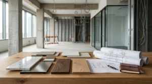 Office renovation costs and material selection with blueprints, wood samples, and construction plans in a commercial office
