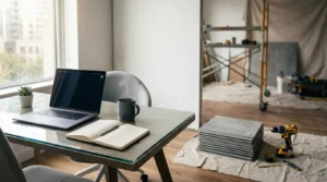 Office renovation with a temporary workstation, laptop, construction tools, and remodeling materials in a commercial office