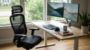 Modern ergonomic home office featuring a black mesh office chair, a light wood height-adjustable desk, dual monitors on monitor arms, keyboard, ergonomic mouse, coffee mug, notebook, and a potted snake plant beside large windows with natural daylight