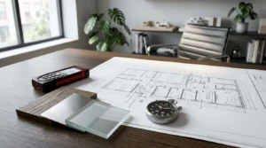 Office renovation planning desk with architectural floor plans, material samples, a laser distance measurer, stopwatch, and modern office furnishings in the background, illustrating the design and project planning phase of a commercial renovation
