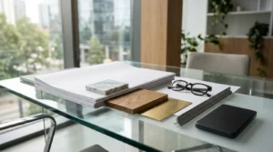 Modern office meeting room with renovation documents, material samples, and pricing paperwork on a glass conference table, alongside a ruler, glasses, and notebook, illustrating the planning and cost estimation stage of a commercial renovation project