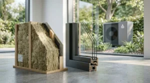 Energy-efficient home renovation display featuring a wall insulation cross-section, a triple-glazed window frame sample, and an outdoor heat pump visible through large windows, illustrating high-performance building materials for improved energy efficiency