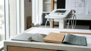 Medical office fit-out planning workspace with healthcare equipment in the background and material samples including wood, metal, fabric, and solid-surface finishes arranged on architectural plans, illustrating the design and specification phase of a healthcare renovation project