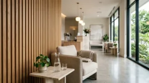 Modern dental clinic waiting area with comfortable lounge seating, a timber slat feature wall, reception desk, large floor-to-ceiling windows, indoor plants, and soft natural lighting, creating a calm and welcoming patient environment