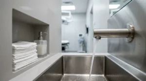 Stainless steel handwashing sink with running water, folded towels, and soap dispenser in a modern dental clinic treatment area