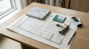 Bathroom floor plan with selected tile, stone, and fixture samples prepared for renovation design and material planning.