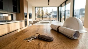 Modern kitchen countertop with house keys, rolled architectural blueprints, and a white construction hard hat in a newly built luxury home
