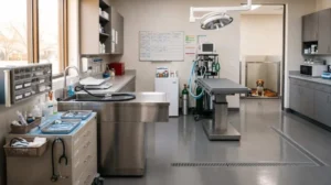 Modern veterinary clinic treatment room with a surgical table, medical equipment, and a dog waiting in a recovery kennel