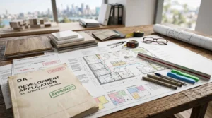 Development application approval documents, architectural floor plans, and building design materials on an architect's office desk