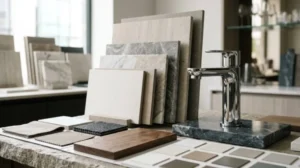 Luxury bathroom material samples with natural stone slabs, porcelain tiles, wood finishes, fabric swatches, and a modern chrome faucet for bathroom renovation design