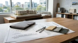 School construction planning with architectural blueprints, building model, material samples, drafting compass, and project documents in an architect's office